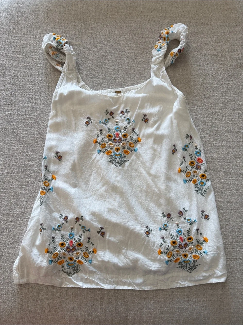 Free People White Mini Dress with Yellow & Blue Floral Embroidery